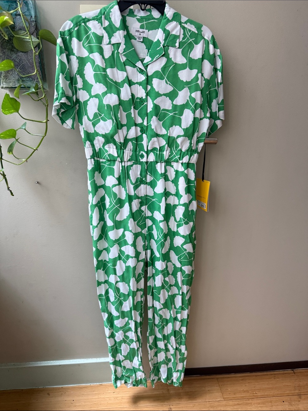 Diane Von Furstenberg Green and White Printed Button-Front Jumpsuit